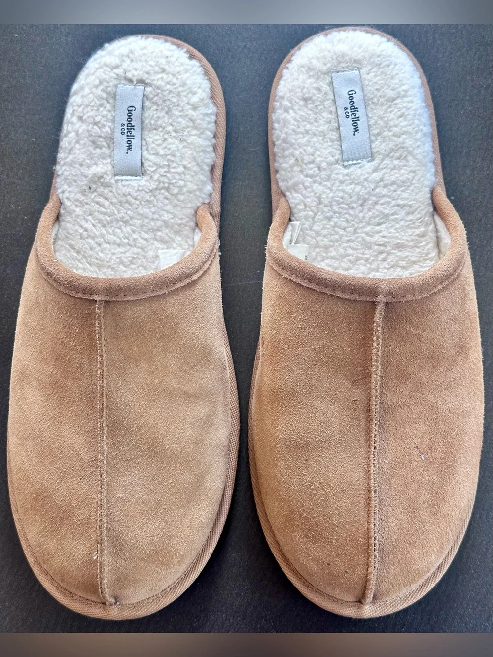 Goodfellow & Co Brown Suede Leather Mule Slippers Men’s XL 13/14 Cozy Faux Fur